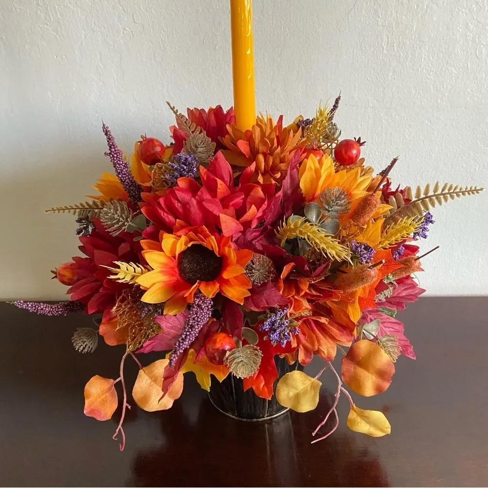 Faux Floral Candle Centerpiece With Sunflowers/Mums